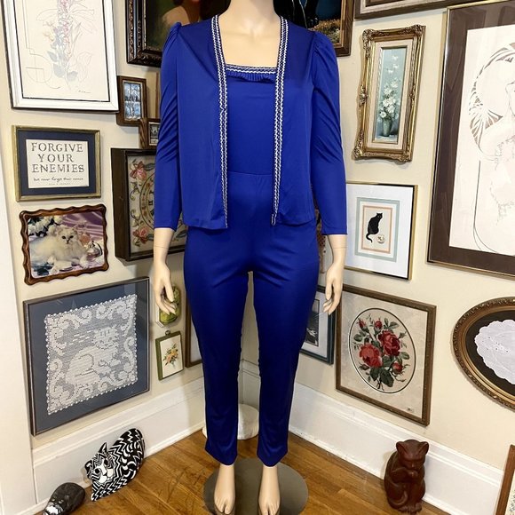 80s Vintage JCPenney Blue Polyester Jumpsuit and Jacket Set with Braided Trim - Picture 2 of 9